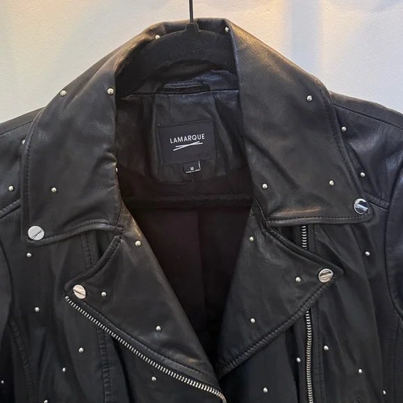 Lamarque Black 100% Leather Piper Studded Biker Jacket Size Medium EUC - Picture 2 of 7